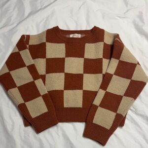 Checkerboard Crew Neck Sweater - Brown and Cream